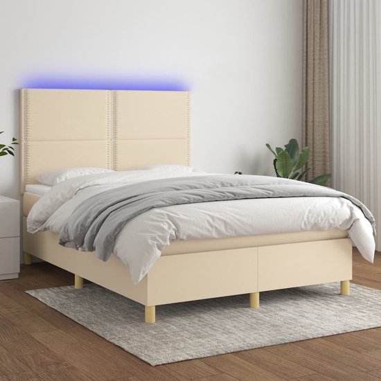 The Living Store Bed Crème Pocketvering 140x200 - Verstelbaar Hoofdbord - LED - Inclusief Matras en Topper