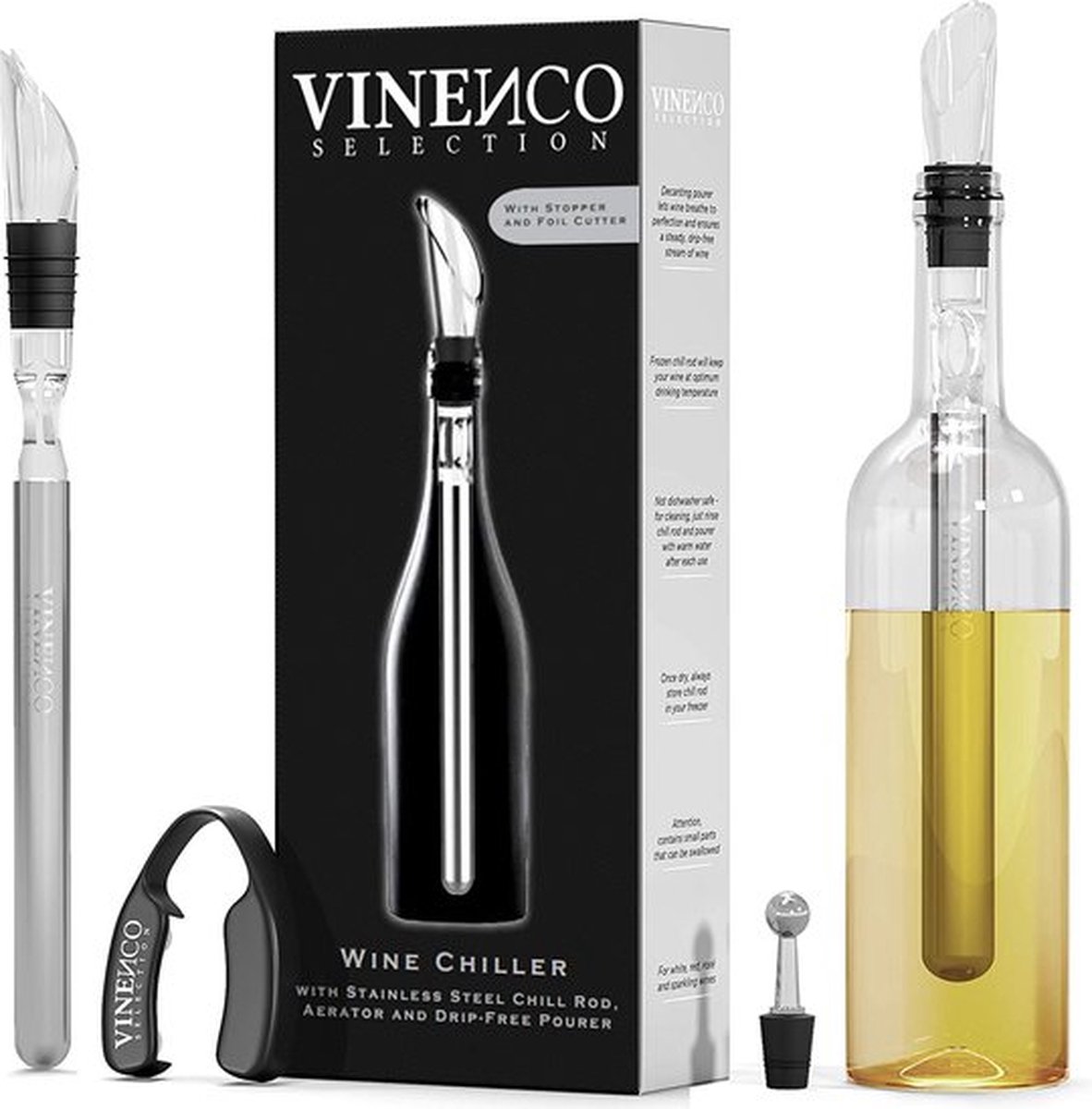 Wijnaccessoires | Roestvrij Staal | Wijnkoelstaaf | Decanteerbeluchter | Schenktuit | Wijn Cadeauset | Wijnkoeler | 3-in-1 | Flessenkoeler