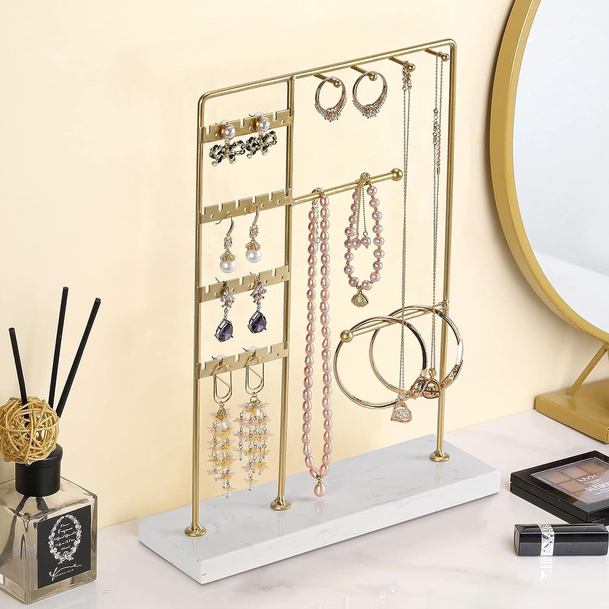 Organisateur de Bijoux Stand de bijoux avec miroir en forme d'oeil Miroir  en métal Bijoux porte-bijoux Porte-boucles d'oreille support d'oreille doré  collier bracelet support pour femme fille cadeau B : : Mode