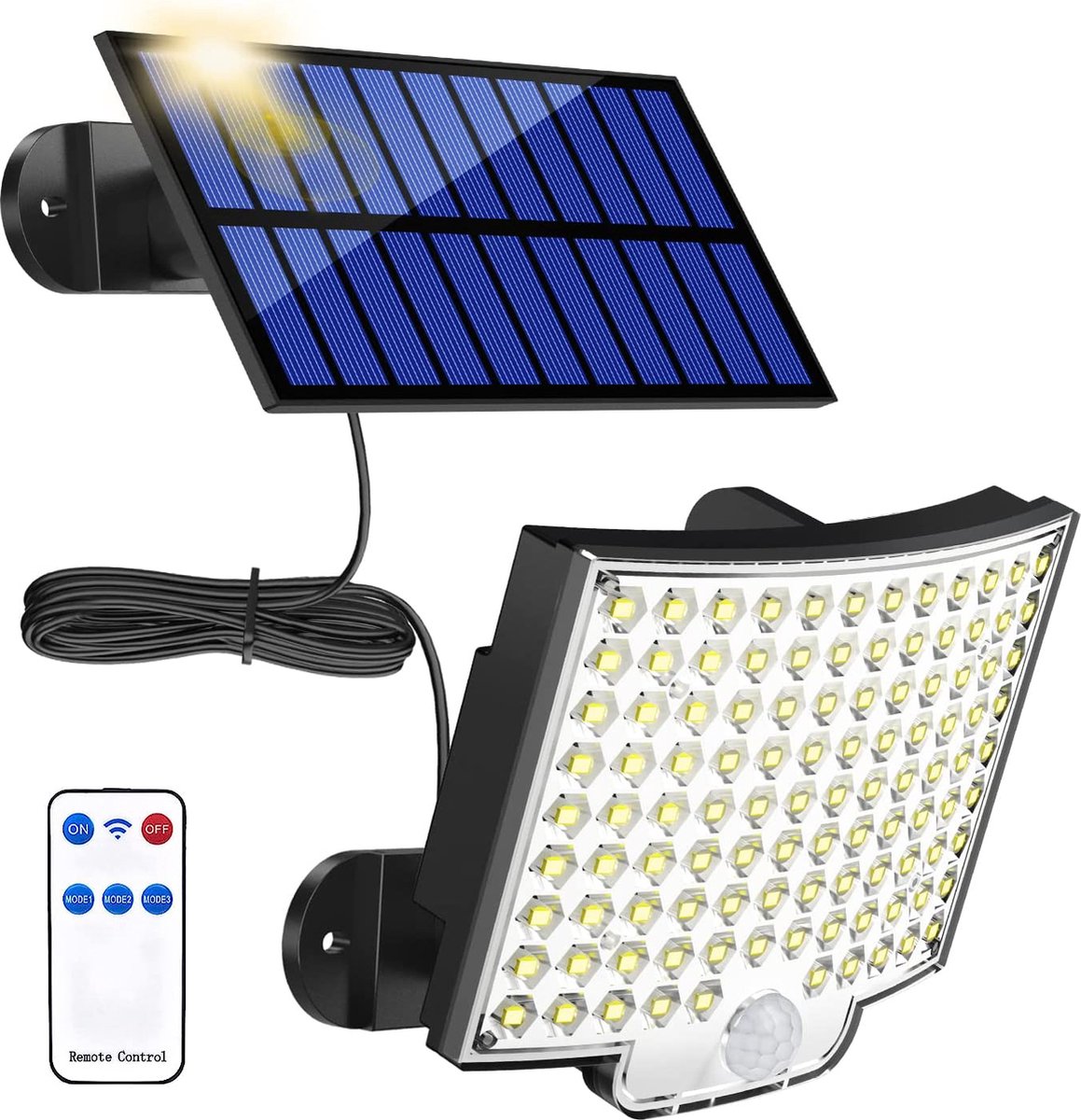 Solar Buitenlamp met bewegingssensor, 106 LED solarlamp buiten met bewegingsmelder, IP65 waterdicht, 120° lichthoek, solar wandlamp voor tuin met 5m kabel