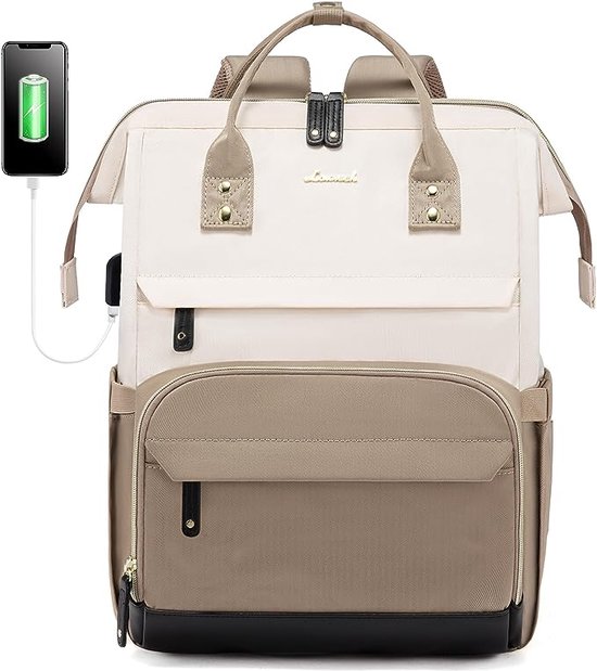 LOVEVOOK Sac à dos, grand sac à dos pour ordinateur portable avec compartiment pour ordinateur portable, 17,3 pouces beige + kaki + cuir Zwart