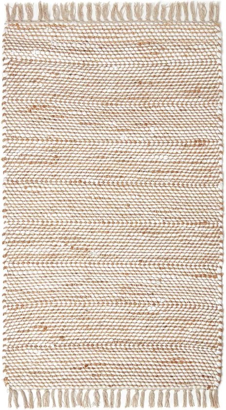 Tape Horizon, handgeweven van 100% hennep, 120 x 170 cm, patchtape met visgraatpatroon en franjes, crème-naturel