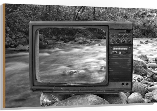 Hout - Oude Vintage Televisie met Doorkijk op Rivier (Zwart-wit) - 120x80 cm - 9 mm dik - Foto op Hout (Met Ophangsysteem)