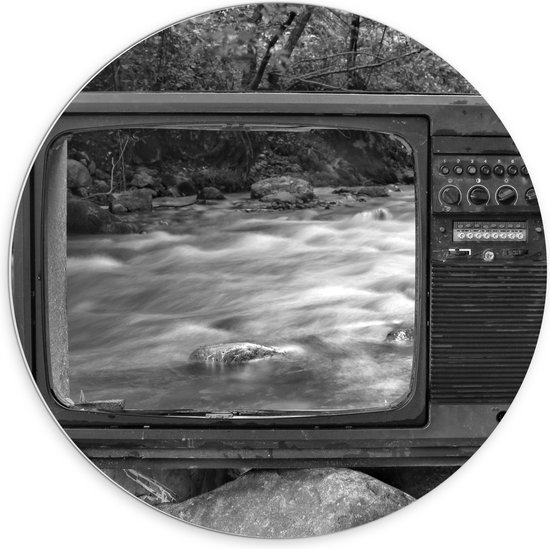 PVC Schuimplaat Muurcirkel - Oude Vintage Televisie met Doorkijk op Rivier (Zwart-wit) - 70x70 cm Foto op Muurcirkel (met ophangsysteem)