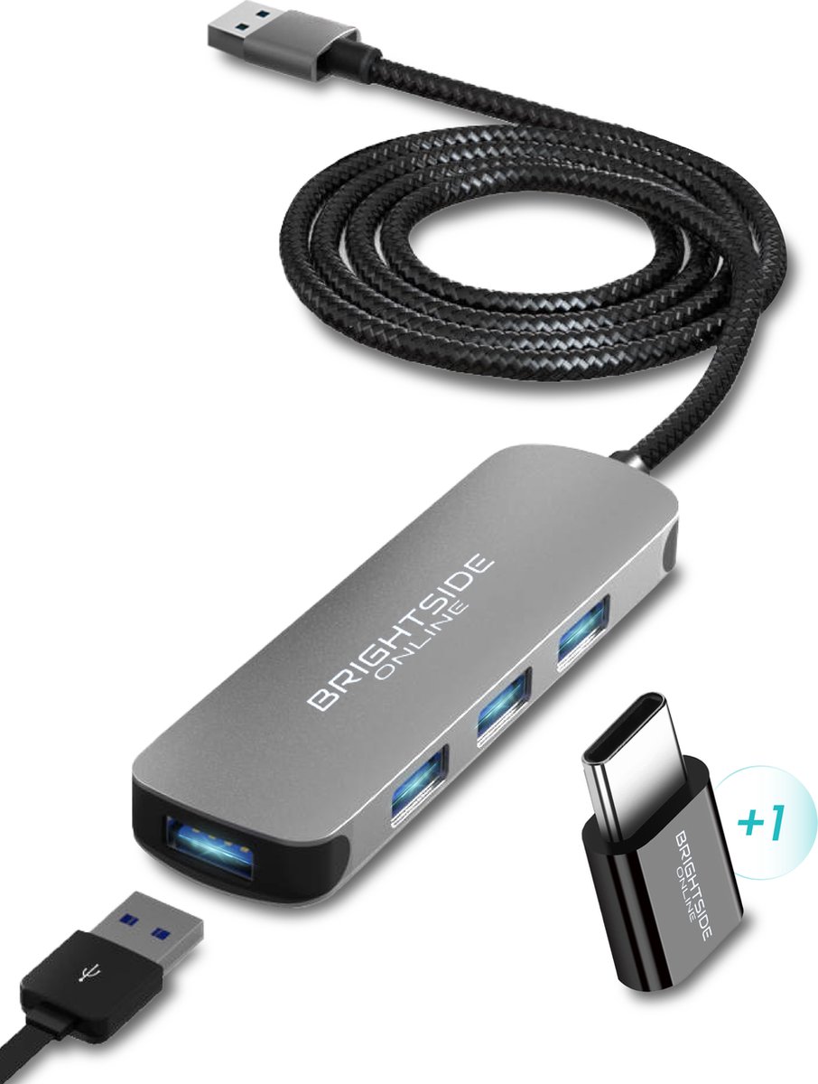 Brightside Online USB Hub - USB 3.0- Nylon Gewoven - 80cm Kabel - Brightside Online