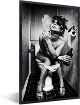 Cadre photo avec affiche - Décoration de chambre esthétique - Femme - Vintage - Bigoudis - Toilettes - Cigarette - Zwart et blanc - 40x60 cm - Cadre pour affiche