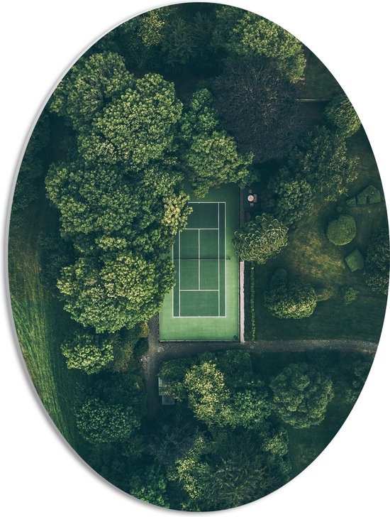 PVC Schuimplaat Ovaal - Bovenaanzicht van Tennisbaan tussen de Bomen - 42x56 cm Foto op Ovaal (Met Ophangsysteem)