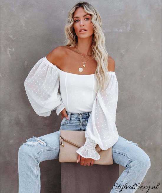 Witte stretch off the shoulder body | Dames bodysuit top |