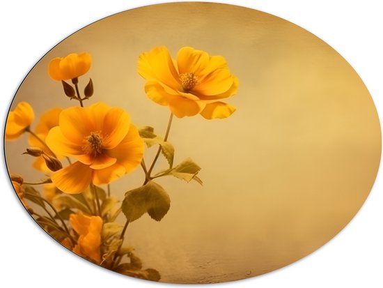 Dibond Ovaal - Oranje Boterbloemen bij Licht Bruine Achtergrond - 96x72 cm Foto op Ovaal (Met Ophangsysteem)