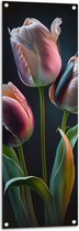 Tuinposter – Roze tulpen voor een zwarte achtergrond - Bloemen - 40x120 cm Foto op Tuinposter (wanddecoratie voor buiten en binnen)