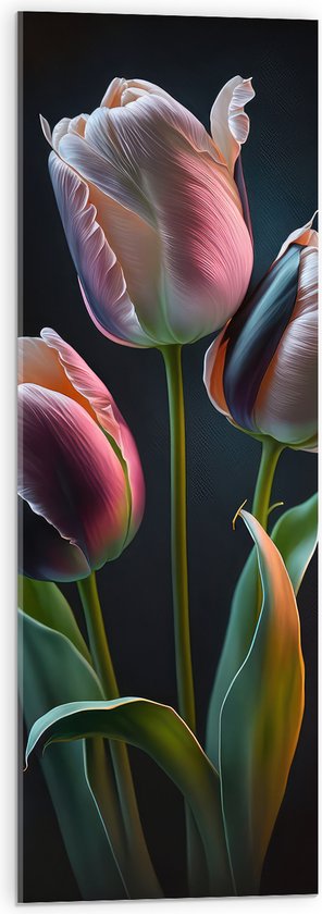 Acrylglas - Roze tulpen voor een zwarte achtergrond - Bloemen - 30x90 cm Foto op Acrylglas (Met Ophangsysteem)