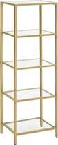 Kast - Goudenrek - Rek - Rekeenheid, 5-verdiepingen opstapplank, smalle glazen plank voor slaapkamer, badkamer, thuiskantoor, gehard glas, stalen frame, goudkleur