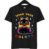 Schattige Pride Vlag Kat - Unisex T-Shirt Mannen en Vrouwen - LGBTQ+ Suporter Kleding - Gay Progress Pride Shirt - Rainbow Community - T-Shirt - Unisex - Zwart - Maat L