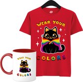 Schattige Pride Vlag Kat - Unisex T-Shirt Mannen en Vrouwen - LGBTQ+ Suporter Kleding - Gay Progress Pride Shirt - Rainbow Community - T-Shirt met mok - Unisex - Rood - Maat L