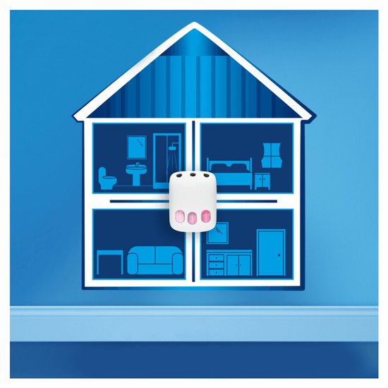 Witte luchtverfrisser met 3 roze inserts in een huis met 4 kamers.