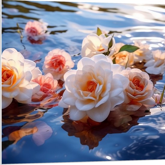 PVC Schuimplaat- Camellia Bloemen in het Water - 80x80 cm Foto op PVC Schuimplaat