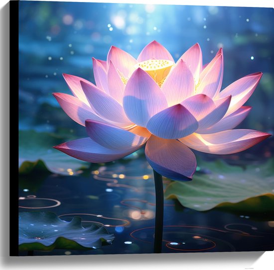 Canvas - Licht Roze Waterlelie met Geel Midden op Stengel In het Water - Bloemen - 60x60 cm Foto op Canvas Schilderij (Wanddecoratie op Canvas)