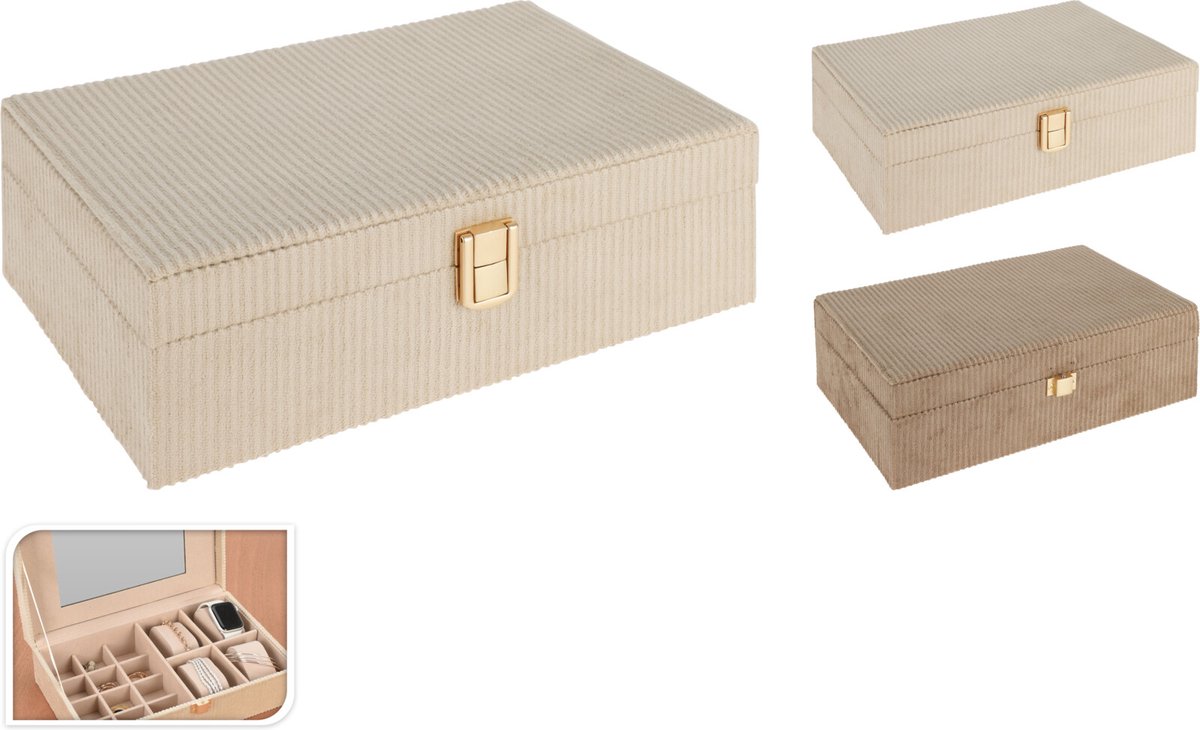 H&S Collection-juwelenbox- 16 vakken-zacht ribfuweel-2kleuren