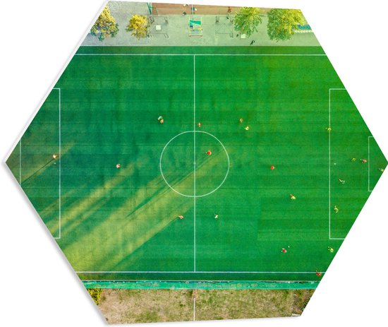 PVC Schuimplaat Hexagon - Bovenaanzicht van Voetballers op Voetbakveld - 60x52.2 cm Foto op Hexagon (Met Ophangsysteem)