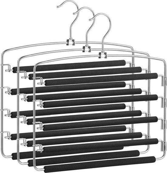 Rootz Hanger - 3 Stuks Hangers - Meerdere Broekhangers - Kleerhanger - Kledinghanger - Antisliphanger - Rokhanger - Kinderhanger - Hanger Met Clips - Zilver-zwart - 38 x 0,5 x 37 cm (L x B x H)