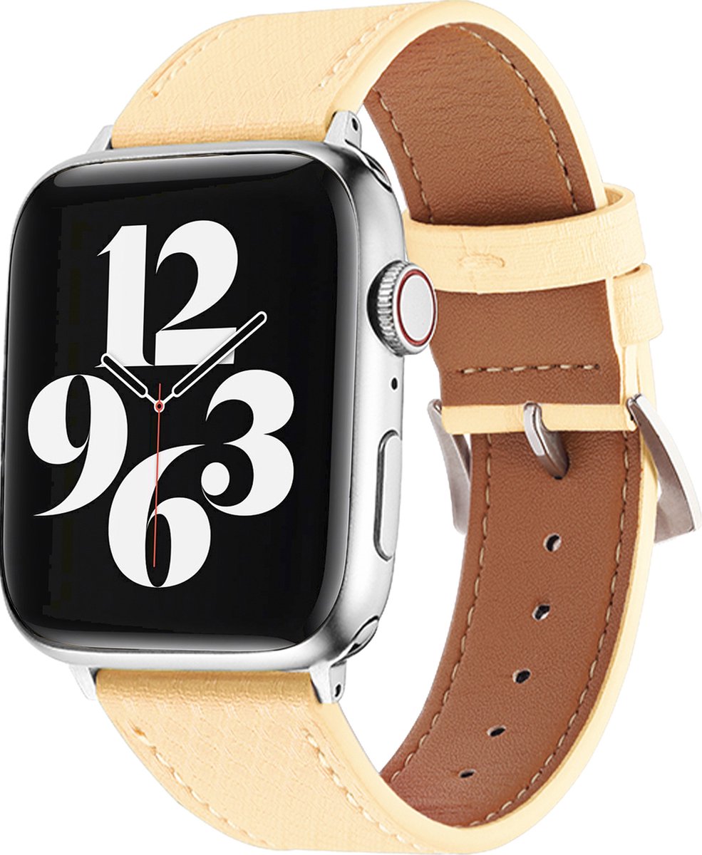 MY PROTECT - Leren Bandje Geschikt Voor Apple Watch 42mm - 44mm - 45mm - 49mm - Pastel Geel