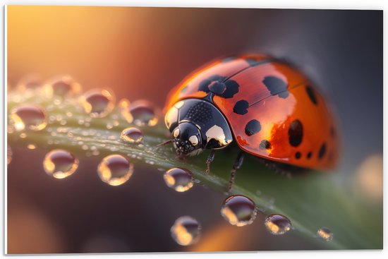 PVC Schuimplaat - Lieveheerstbeestje zit op blad dat is bedekt met waterdruppels - 60x40 cm Foto op PVC Schuimplaat (Met Ophangsysteem)