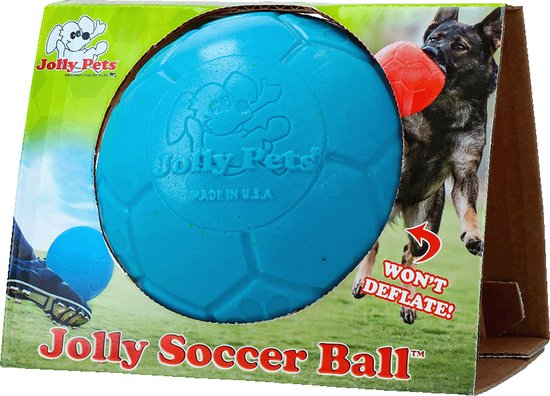 Verpakking van Jolly Soccer Ball, blauw, met afbeeldingen van honden.