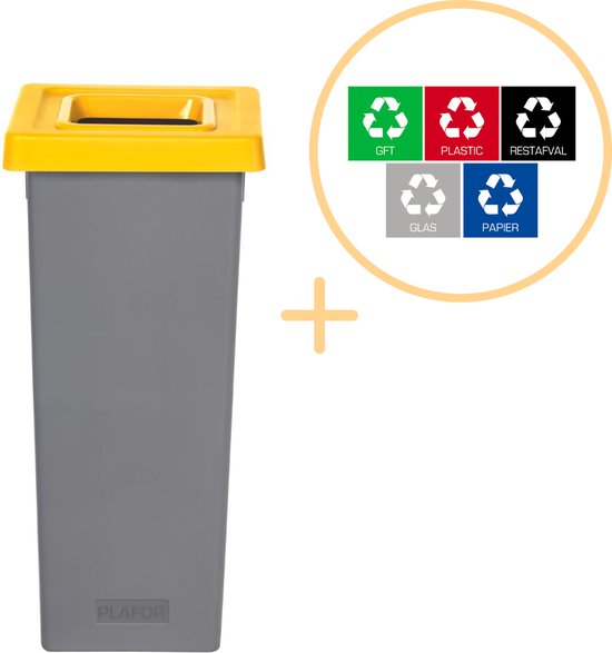 Plafor Fit Bin, Prullenbak voor afvalscheiding - 53L – Grijs/Geel - Inclusief 5-delige Stickerset - Afvalbak voor gemakkelijk Afval Scheiden en Recycling - Afvalemmer - Vuilnisbak voor Huishouden, Keuken en Kantoor - Afvalbakken - Recyclen