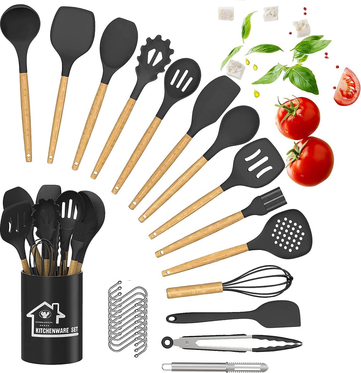 14 pièces En Silicone Cuisine Ustensiles De Cuisine Set Avec Support , En  Bois Poignées Sans Bpa En Silicone Pince Spatule Cuillère Ustensiles De  Cuisine Ensemble D'Ustensiles Pour Antiadhésif Ustensiles De Cuisine (