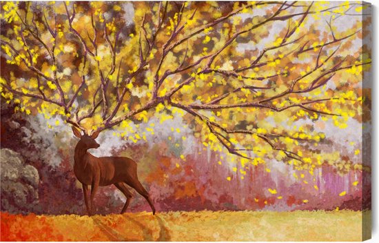 Schilderijkoning - Canvas Schilderij Natuur Met Herten Aquarel - 30 x 20 cm
