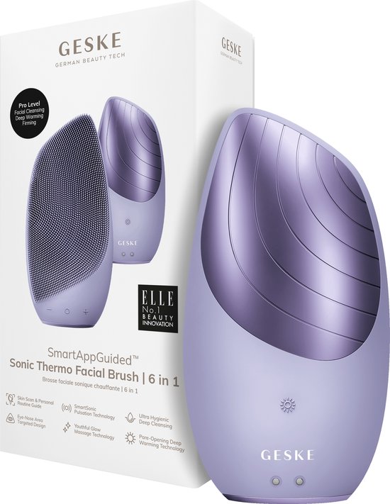 GESKE | SmartAppGuided™ Sonic Thermo Facial Brush | 6 in 1 | Huidreiniging | Reinigingsborstel met warmtefunctie | Gezichtsmassager | Elektrische gezichtsborstel | Apparaat voor gezichtsreiniging