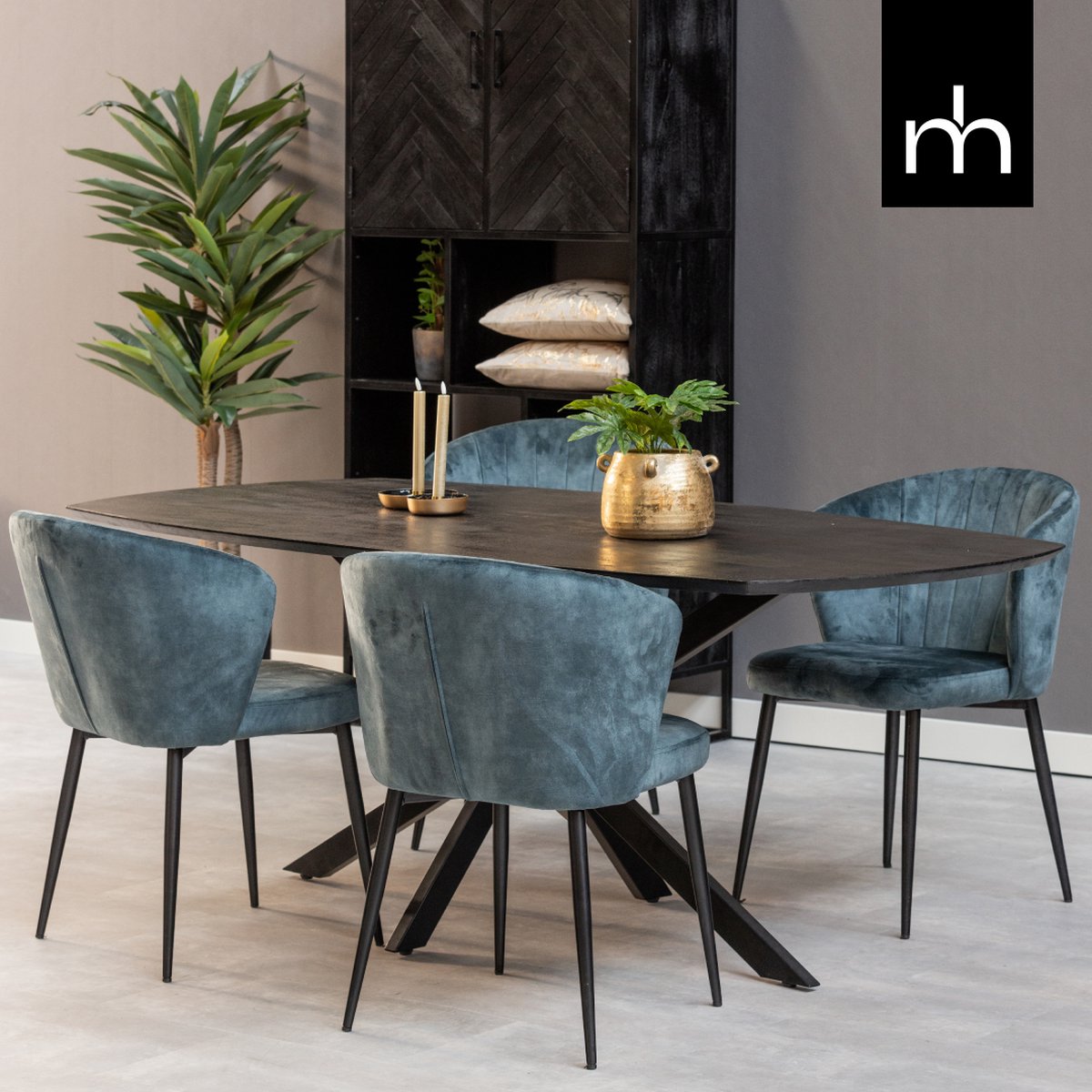 Mangohouten Eettafel Vicenza Black Deens Ovaal 200x100 cm Mahom Industrieel - Dinertafel van Mangohout & Metaal - Industriële Eettafel