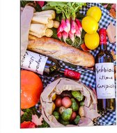 Dibond - Picknicken - Kleed - Wijn - Drank - Bladeren - Groentje - Brood - Fruit - Wijnflessen - 75x100 cm Foto op Aluminium (Met Ophangsysteem)