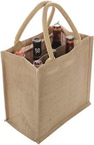 1x Jute boodschappentassen/strandtassen voor 6 flessen 29 x 27 cm naturel - Wijnflessen tas - Draagtassen met hengsels - Trendy tas