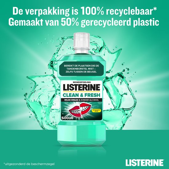 Fles Listerine Clean & Fresh mondspoeling in een explosie van water, met recyclingsymbool.