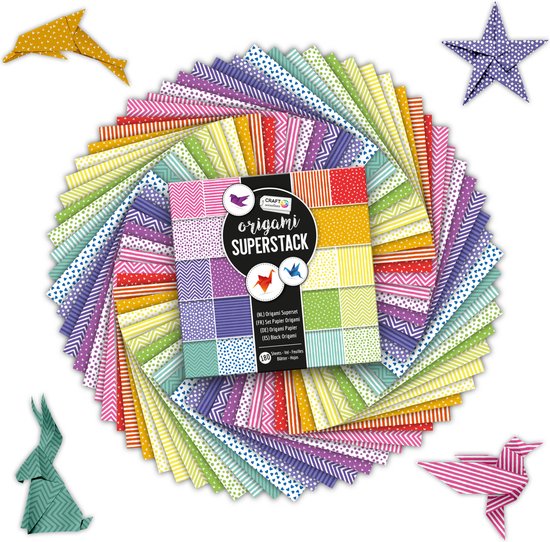 Craft Sensations Origami 180-Delig - Inclusief Vouwvoorbeelden - Vouwblaadjes - 15x15cm - Hobby en Creatief voor Kinderen en Volwassenen - Kraanvogel vouwen
