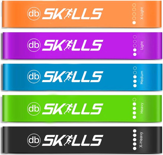Weerstandsbanden db SKILLS set van 5 Resistance Banden - Fitness elastiek - Full body trainer - Sport banden - Thuis trainen - db SKILLS - Nu met een handig opbergtasje