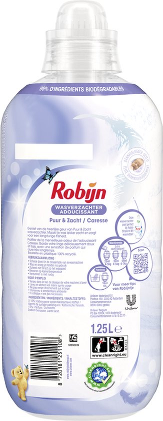Robijn - Adoucissant liquide - Pure & Soft - Avec parfum floral rafraîchissant - 8 x 50 lavages - Pack économique