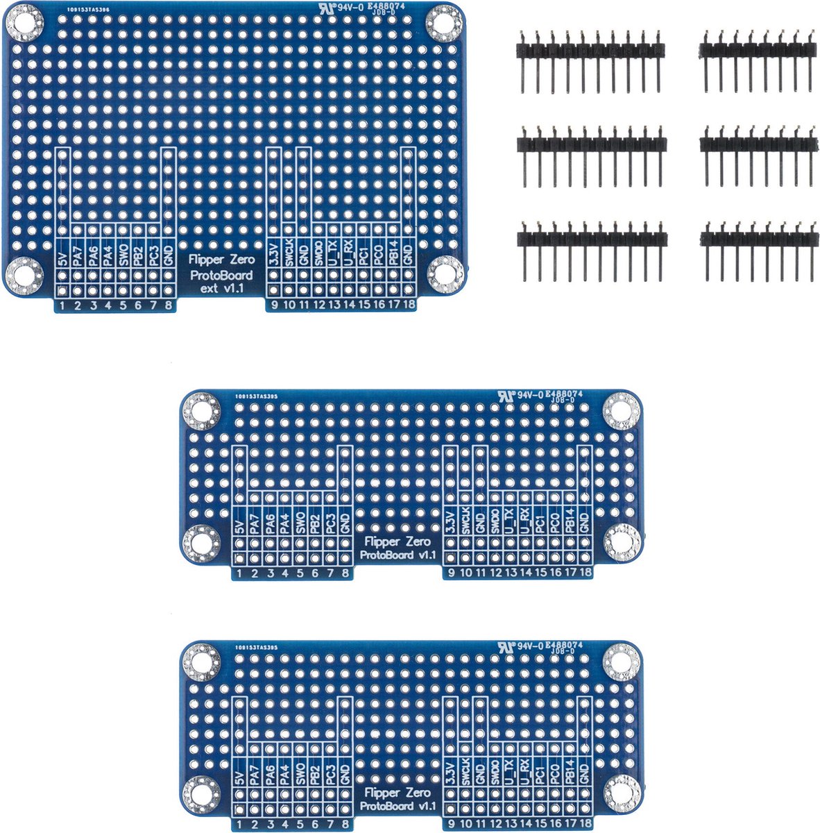 Flipper Zero - Prototyping boards - 2x Prototyping Boards klein - 1x Prototyping Boards groot - Niet-gesoldeerde pin-headers - Flipper Zero