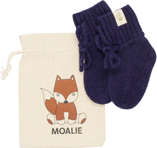 Moalie ®- Baby - Pasgeboren - jongen - meisje - Babyslofjes - babysokken - Merino wol - Navy-Blauw - wollen sokken - linnen opbergzakje -kraamcadeau