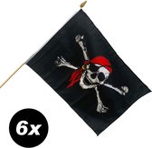 6x Piraten vlag 45 x 30 cm op houten stokje - zwaaivlag piraat - set van 6 stuks
