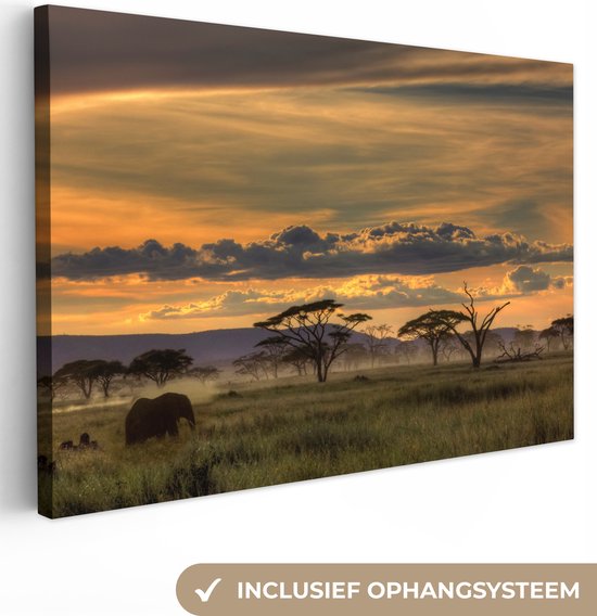 Canvas - Wanddecoratie - Olifant - Landschap - Afrika - Zonsondergang - 140x90 cm - Canvas doek - Schilderij
