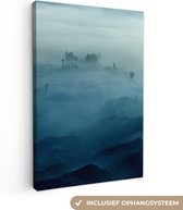 Peinture sur toile - Brume - Arbres - Berg - Blauw - Canvasdoek - Photo sur toile - 90x140 cm - Peintures sur toile
