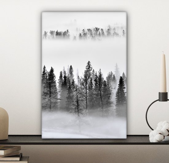 Peinture sur toile - Arbres - Brouillard - Forêt - Nature - Canvasdoek - 20x30 cm - Photo sur toile - Peinture nature