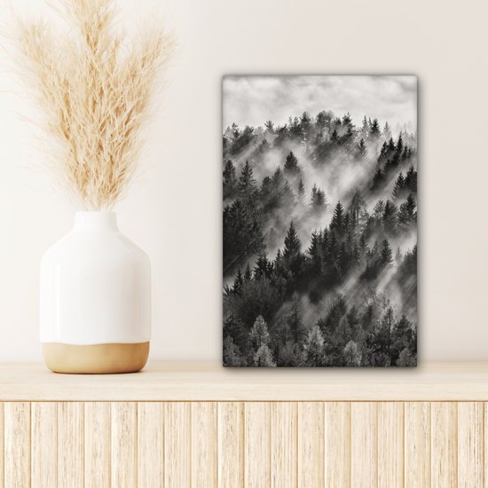 Peinture sur toile - Arbres - Brouillard - Forêt - Paysage - Peintures sur toile - 20x30 cm - Photo sur toile - Canvasdoek