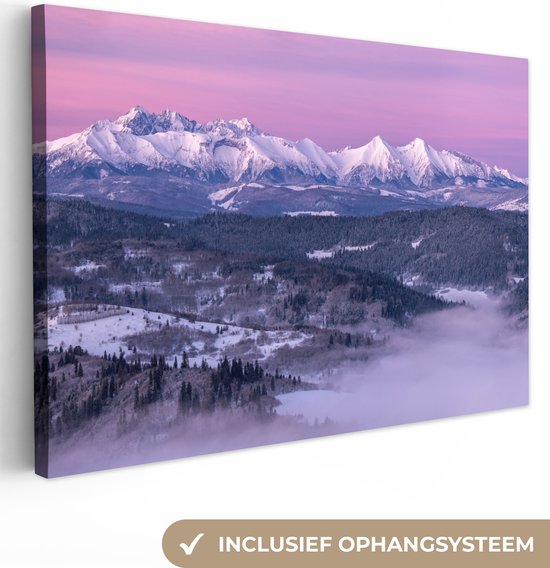 Canvas doek - Foto op canvas - Berg - Roze - Sneeuw - Horizon - Mist - Muurdecoratie - 30x20 cm - Canvas schilderij