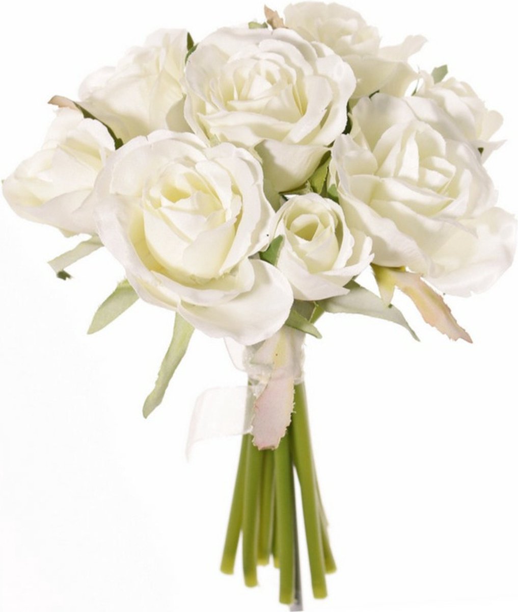 Topart Boeketje Rozen kunstbloemen - 9x stuks - wit - 20 cm - roos - decoratie