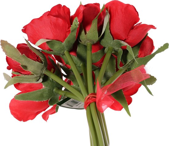 Arrière d'un bouquet de roses artificielles rouges avec des tiges vertes, noué avec un ruban rouge.
