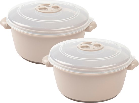Plat micro-ondes avec couvercle/valve - 2x - 1 litre - beige - plastique - sans BPA