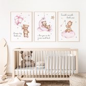 Babykamer posters set 3 stuks (zonder frame) - 40x50 cm Kinderkamer decoratie - Teddy beer met ballon sterren - Kinder poster - Roze
